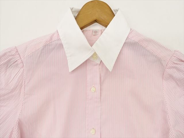美品 ユニクロ UNIQLO パフスリーブ 半袖 洗えるシャツ L ホワイト×ピンク ストライプ柄 【メール便可】_画像2