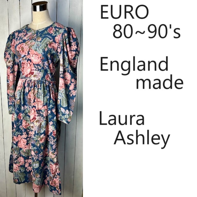 EURO古着 80s～90s イギリス製 Laura Ashley 花柄 薄手コーデュロイロングワンピース UK10 オールド ヴィンテージ ヨーロッパ 長袖 M★222