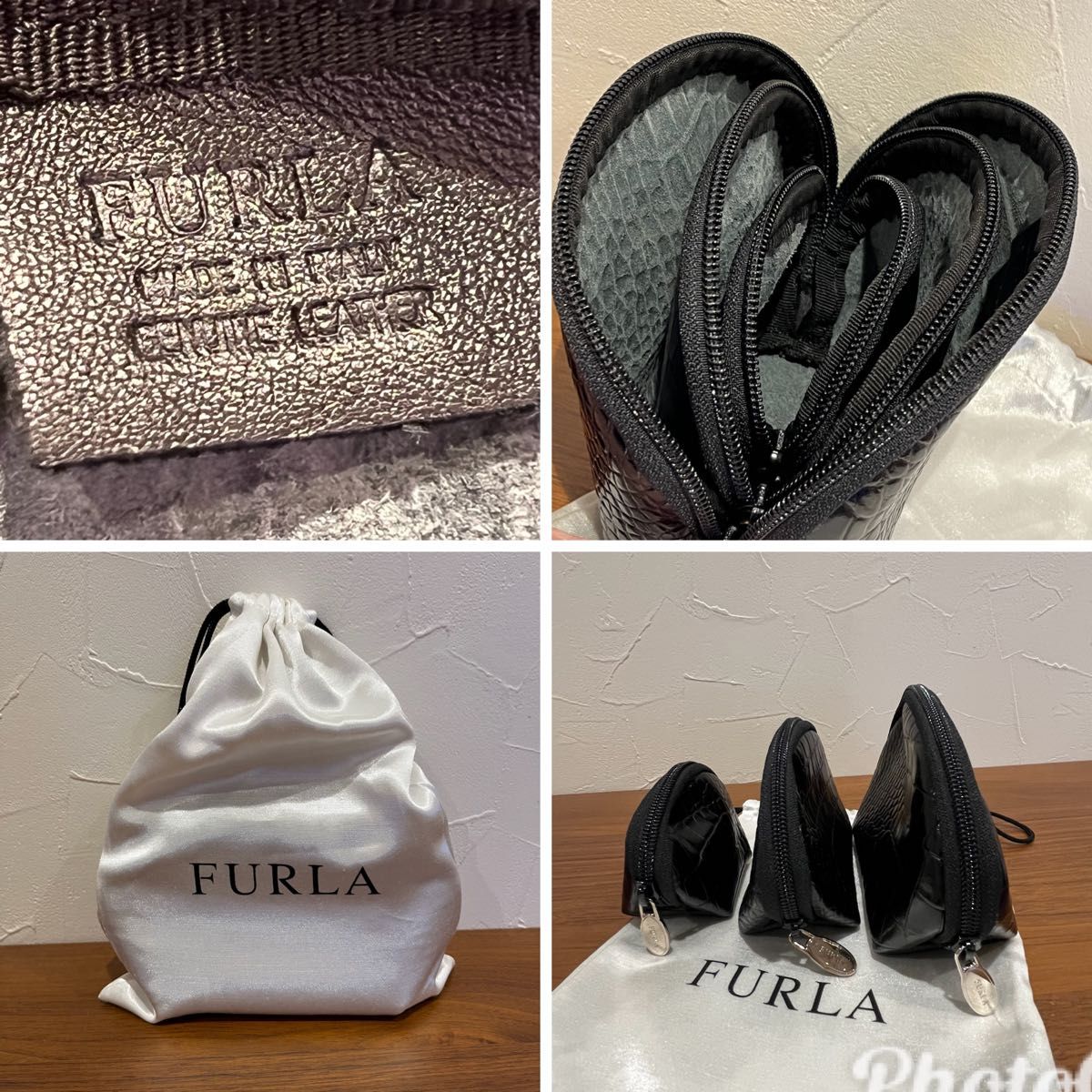 フルラ FURLA  型押しレザー　ポーチ　ブラック　3点set レディース 超美品