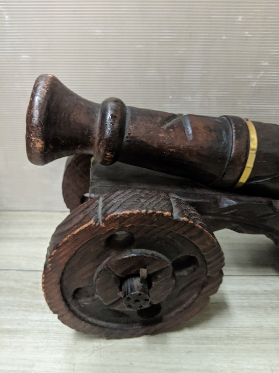  スペイン製 木製 大砲 アンティーク オブジェ 置物 台車 海賊 武器 木彫り 彫刻 雑貨 インテリア コレクション ディスプレイ_画像2