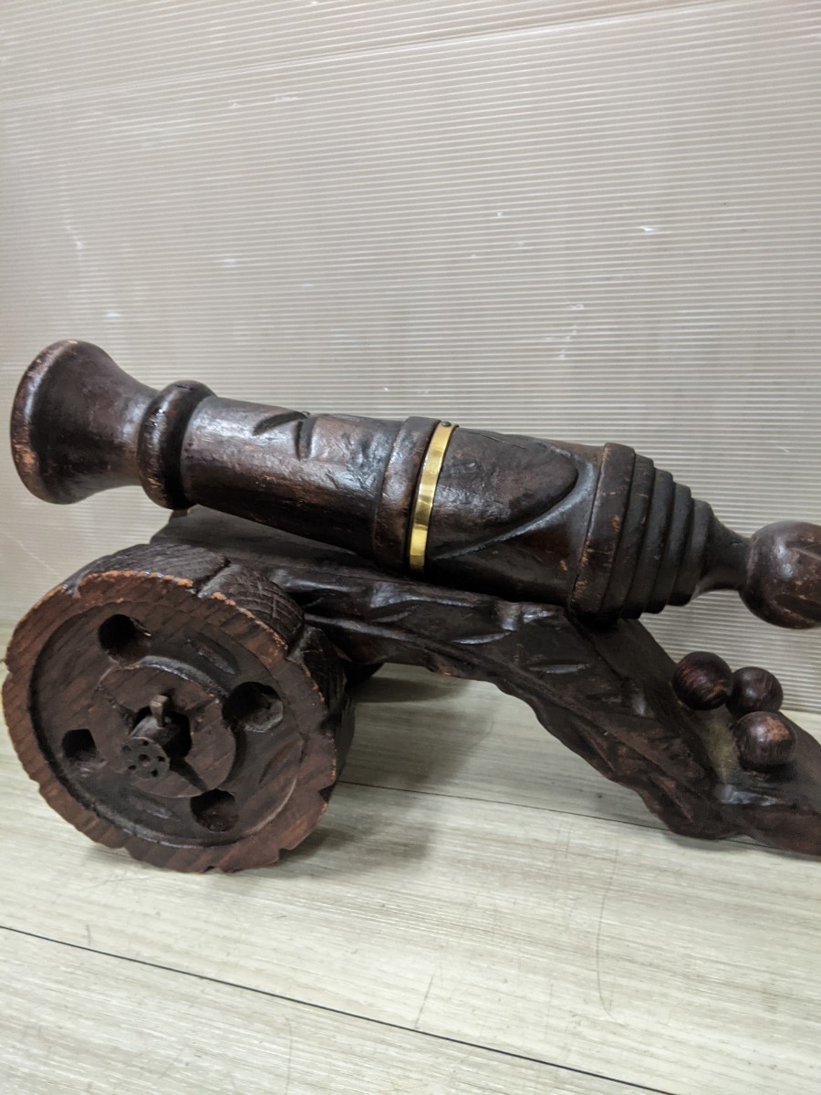  スペイン製 木製 大砲 アンティーク オブジェ 置物 台車 海賊 武器 木彫り 彫刻 雑貨 インテリア コレクション ディスプレイ_画像10
