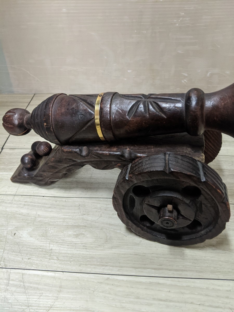  スペイン製 木製 大砲 アンティーク オブジェ 置物 台車 海賊 武器 木彫り 彫刻 雑貨 インテリア コレクション ディスプレイ_画像5