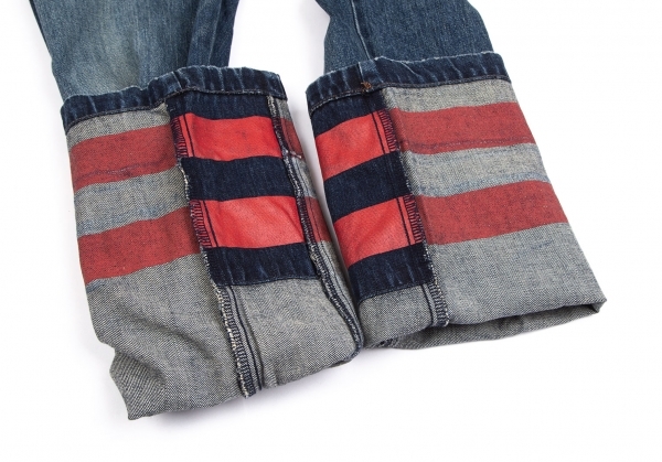  Mali te franc sowa Jill bo- crash leather patchwork pocket hem reverse side stripe Denim pants indigo M