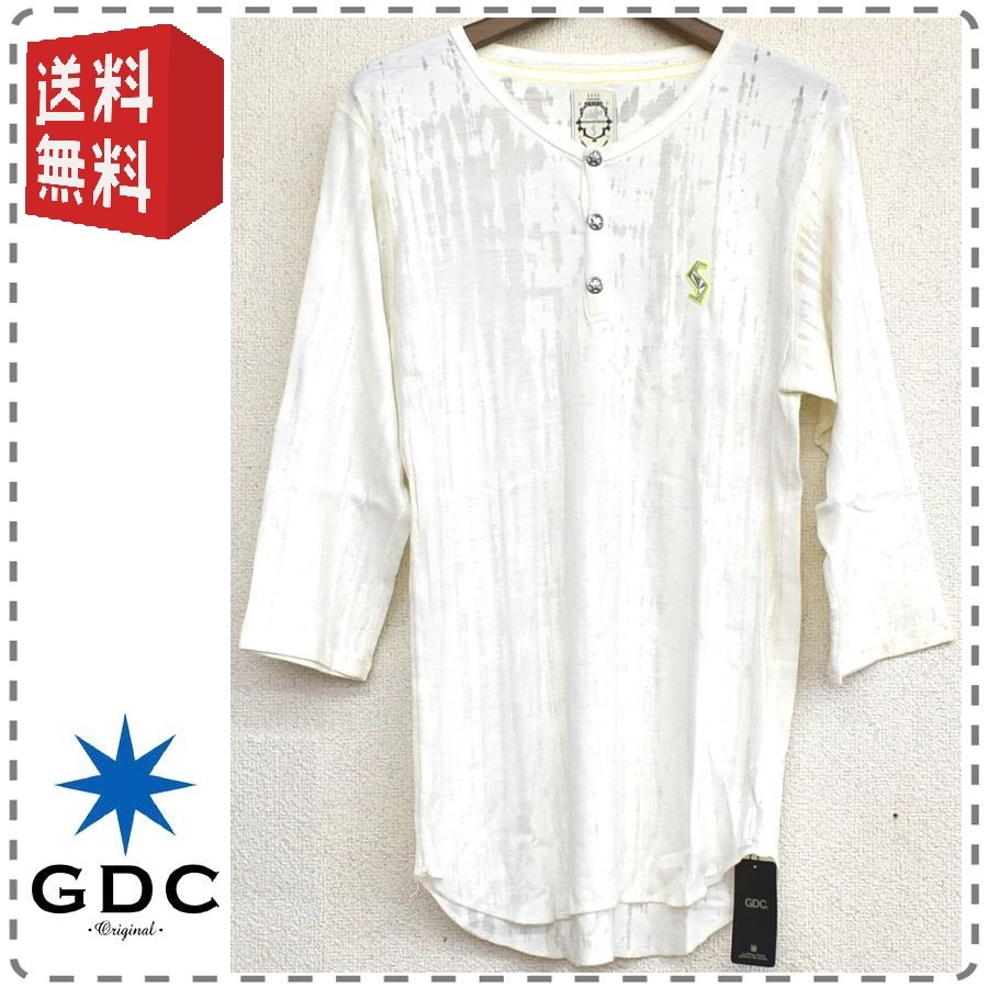 GDC ジーディーシー 日本製 ヘンリーネックダメージ加工 7分袖Tシャツ 男女兼用 メンズMサイズ 白 送料無料 A286_画像1