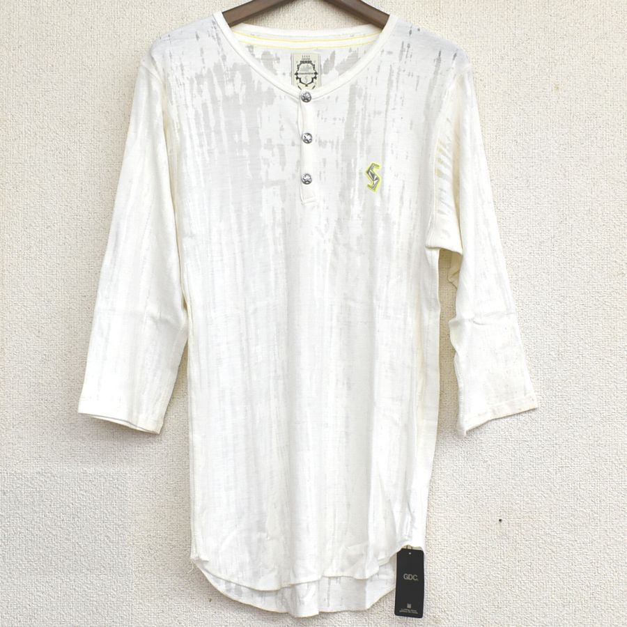 GDC ジーディーシー 日本製 ヘンリーネックダメージ加工 7分袖Tシャツ 男女兼用 メンズMサイズ 白 送料無料 A286_画像2