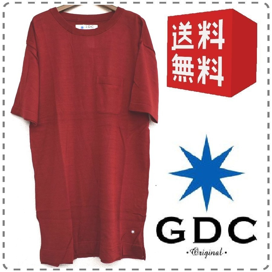 GDC ジーディーシー MITSUKE KNIT 見附ニット 半袖ロングTシャツ 薄手 胸ポケット テンセル100% 男女兼用 メンズSサイズ 赤 送料無料 A302_画像1