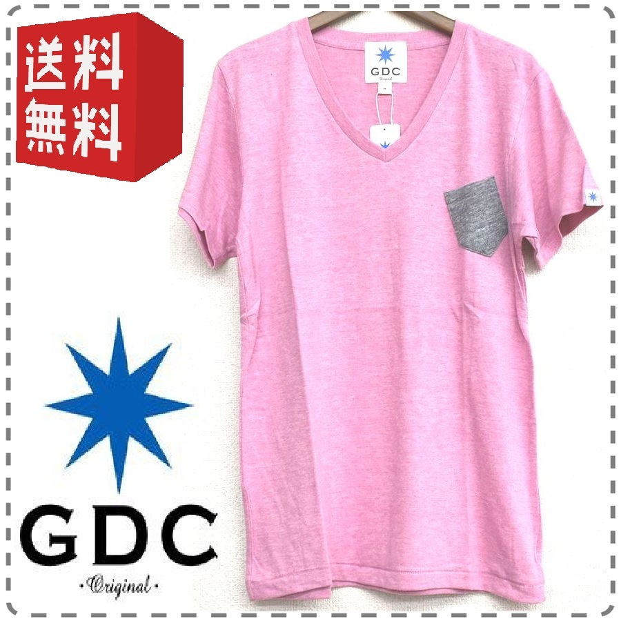 GDC ジーディーシー Vネック半袖Tシャツ 胸ポケット バイカラー ポケT 男女兼用 ユニセックス メンズMサイズ ピンク 送料無料 A314_画像1