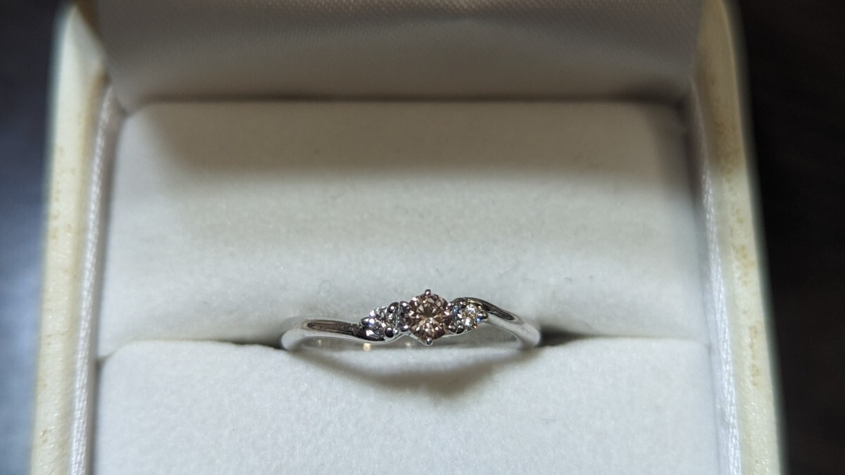 Four Heart☆フォーハート☆Pt1000 ピンクブラウンダイヤリング 0.128ct 0.06ct 婚約指輪 結婚_画像1