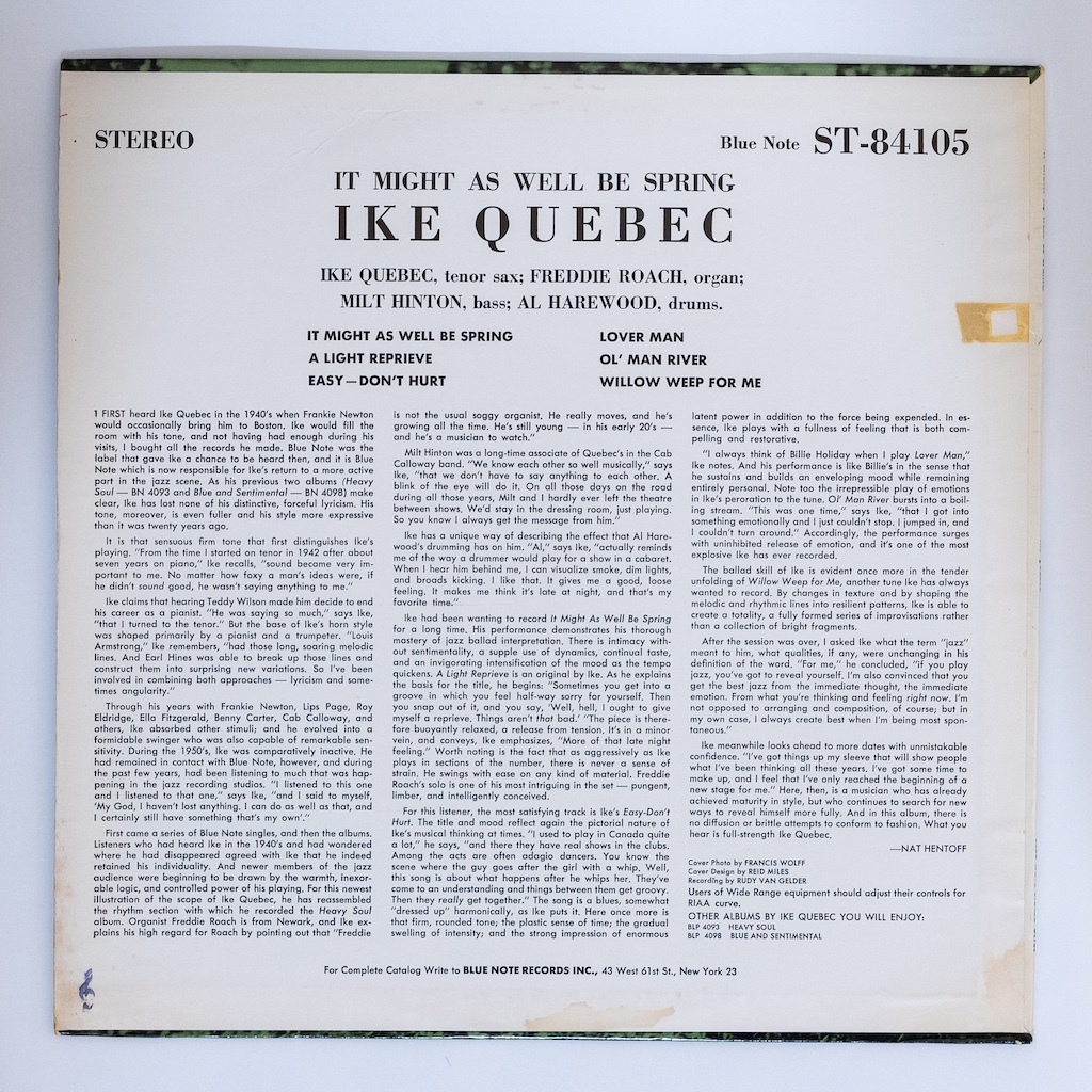 US完オリ盤 BLUE NOTE ST-84105 Ike Quebec / It Might As Well Be Spring ステレオ / 耳 / VAN GELDER刻印 / STEREO刻印 / 再生音良好の画像2