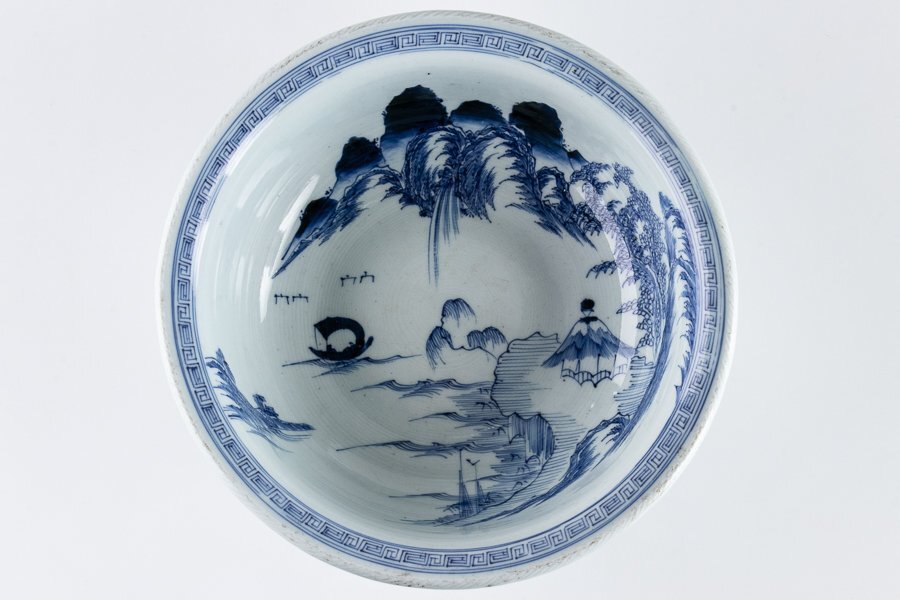 [ old Imari ][ blue and white ceramics line .. landscape writing pot Meiji era 16723 ] charge . Japan cooking . stone . seat Japanese-style tableware . thing ceramic art ornament plate old clay platter 