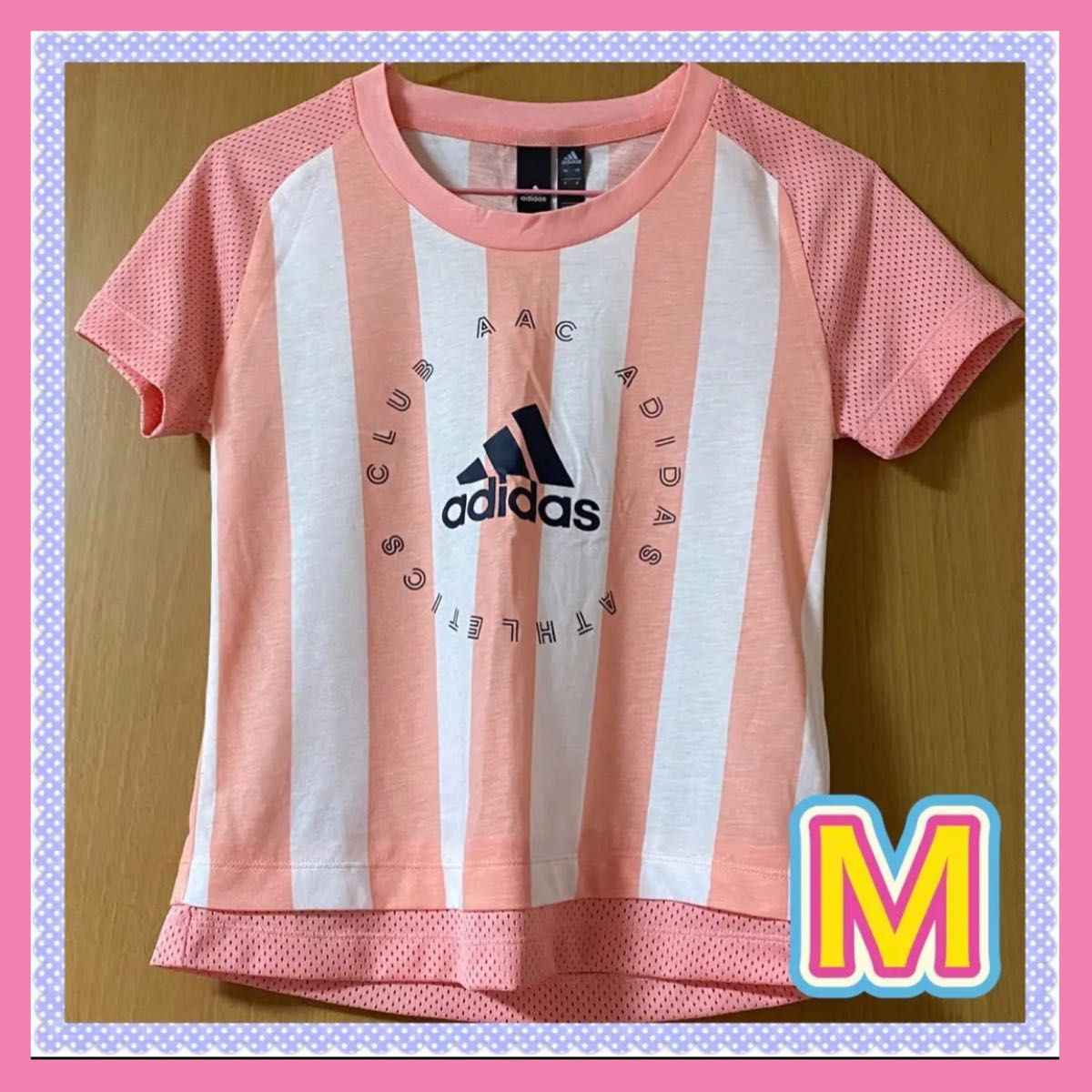 adidas アディダス Tシャツ レディース 半袖　フィットネス M ピンク ストライプ フィットネス ジム ランニング