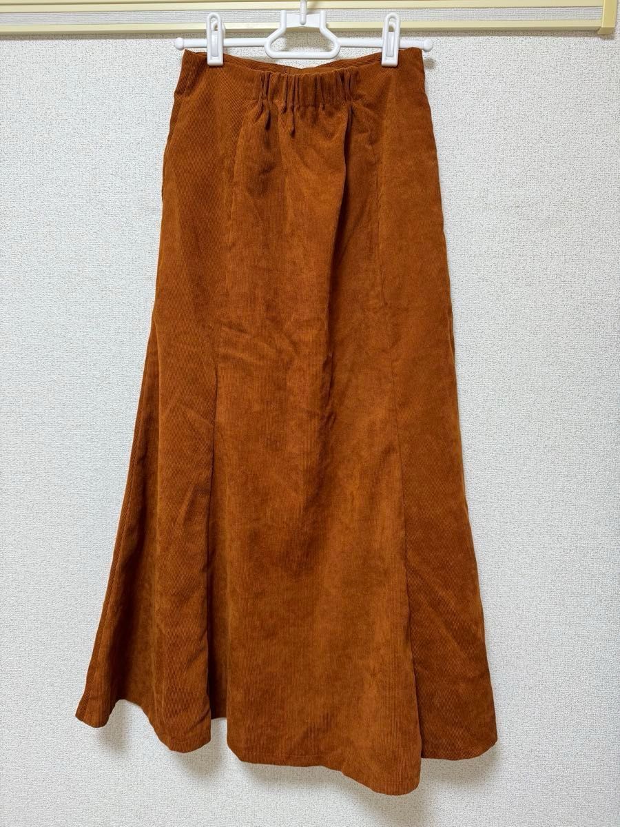 新品未使用 GU コーデュロイ ボタンスカート ブラウン オレンジ Sサイズ ロングスカート フレアスカート