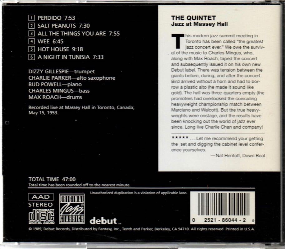 The Quintet Jazz At Massey Hall 輸入盤 CD Charlie Parker Dizzy Gillespie Bud Powell Charlie Mingus Max Roach_画像2