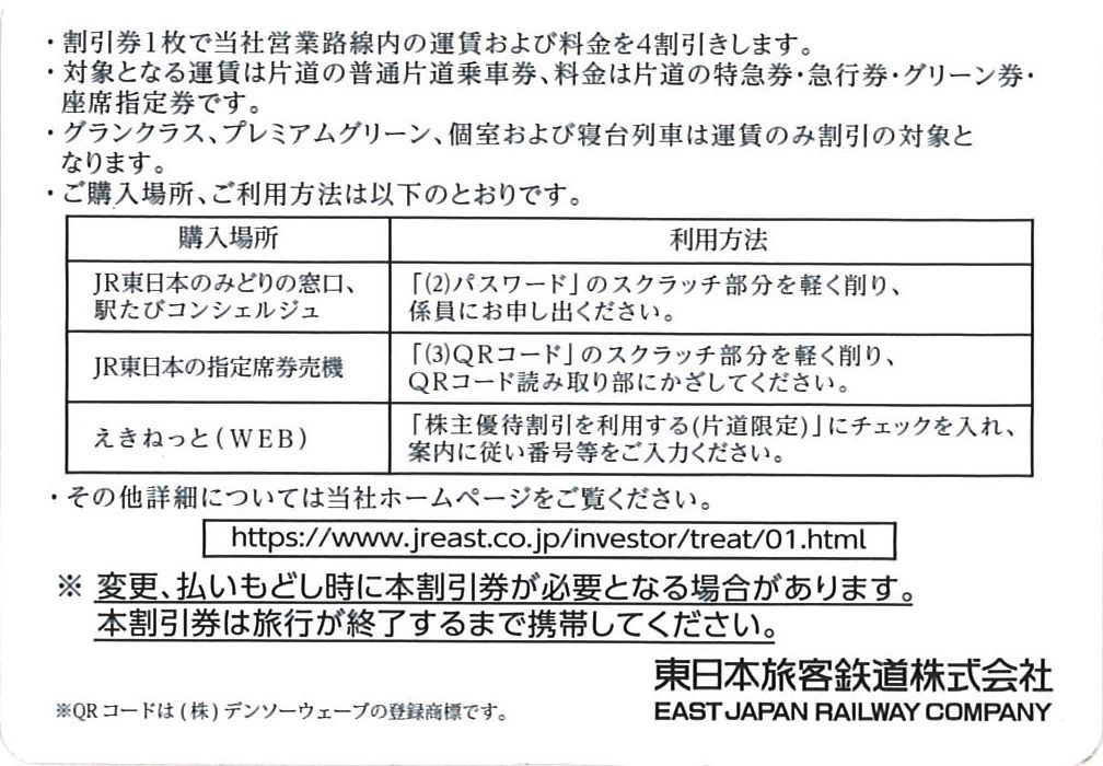 東日本旅客鉄道 株主優待 株主優待割引券(4枚) 有効期限:2024.6.30　運賃・料金 4割引券/JR東日本/指定席券/東北新幹線/グリーン席/特急券_画像2