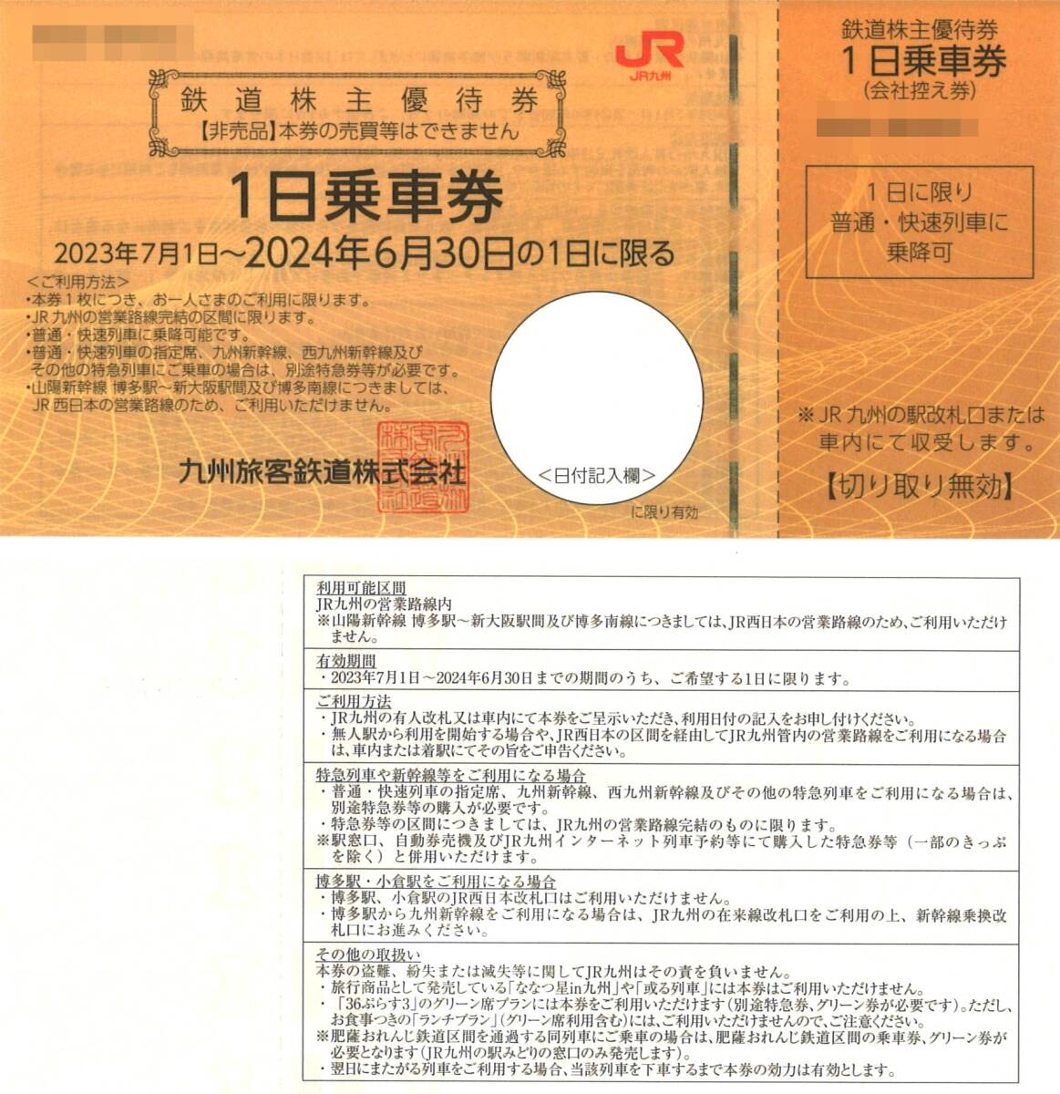 JR九州 株主優待　鉄道株主優待券 1日乗車券(4枚) 有効期限2024.6.30　　九州旅客鉄道/乗車証_画像1