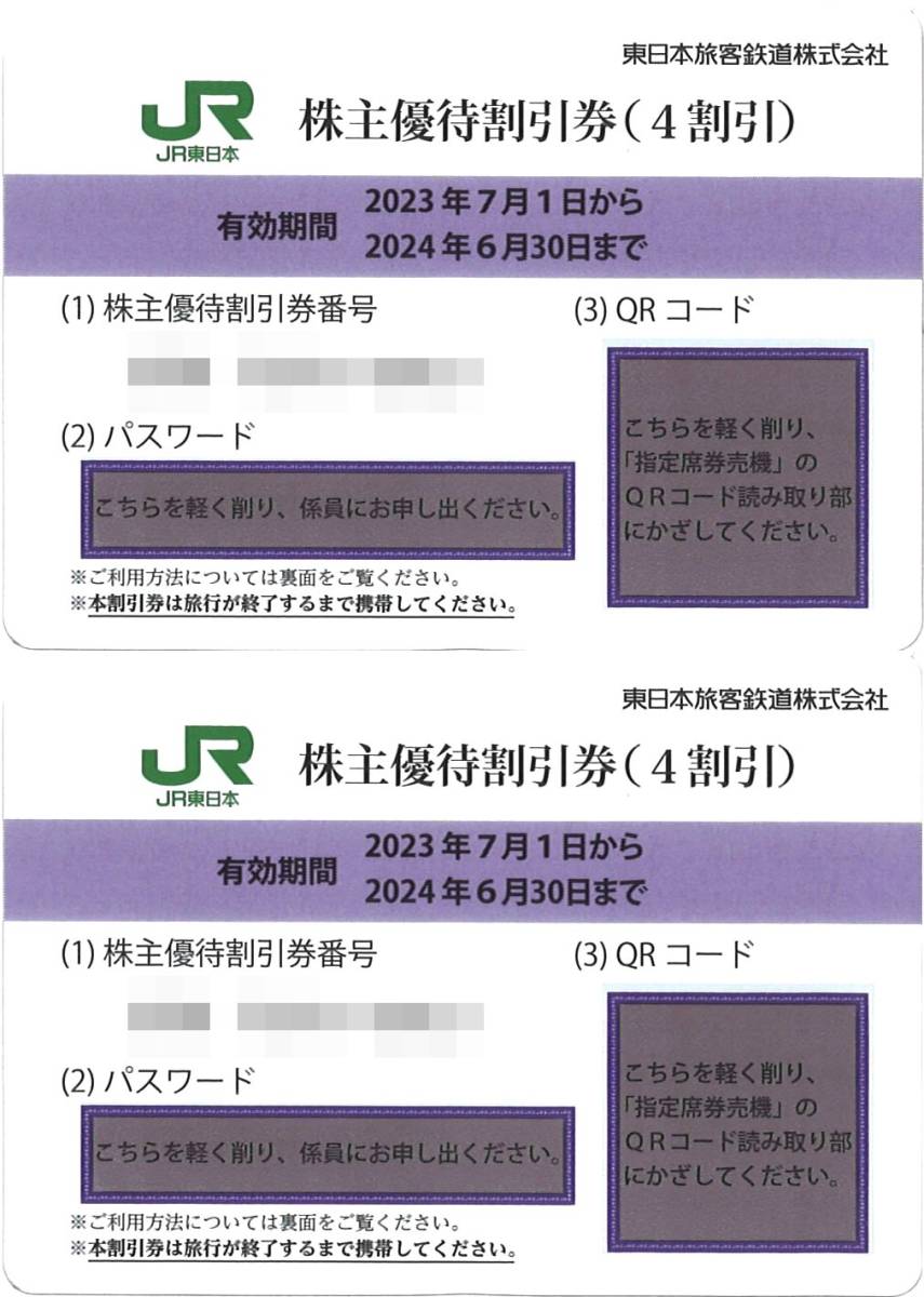 東日本旅客鉄道 株主優待 株主優待割引券(2枚) 有効期限:2024.6.30　運賃・料金 4割引券/JR東日本/指定席券/東北新幹線/グリーン席/特急券_画像1