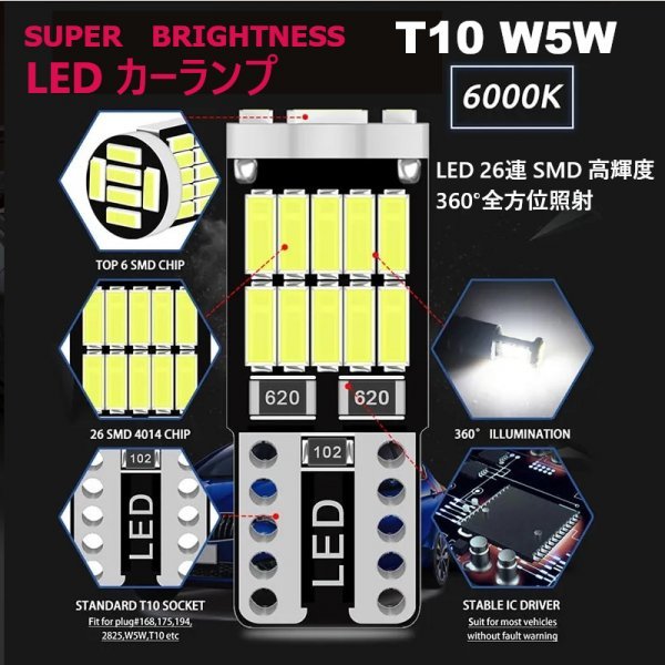「送料無料」10個 LEDランプ T10/T16-SMD 26連-ホワイト,Canbus ,ドームタイプ 全方向照射,ウインカー,バック,ナンバーライト, sw_LEDカーランプ T10-W5W 