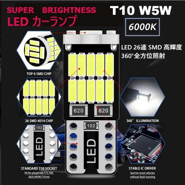 「送料無料」10個セット LEDランプ T10/T16-SMD 26連-ホワイト,Canbus ,ドームタイプ 全方向照射,ウインカー,バック,ナンバーライト ww_LEDカーランプ T10-W5W 