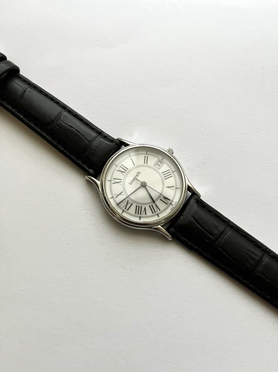ティファニー 腕時計 メンズ クォーツ ローマン文字盤 デイト 社外ベルト新品 稼働