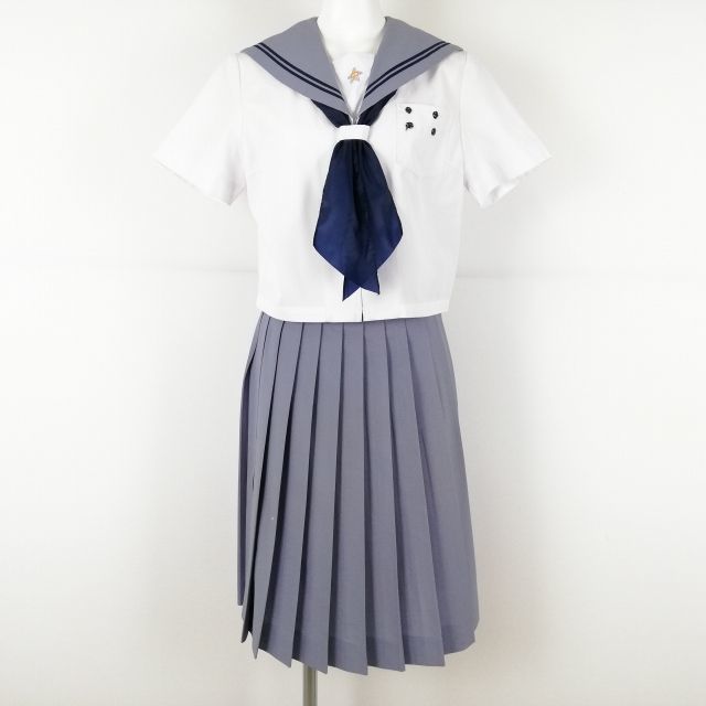 1円 セーラー服 スカート スカーフ 上下3点セット 160A 夏物 青2本線 女子 学生服 長崎桜が原中学 白 制服 中古 ランクC EY5522_画像1