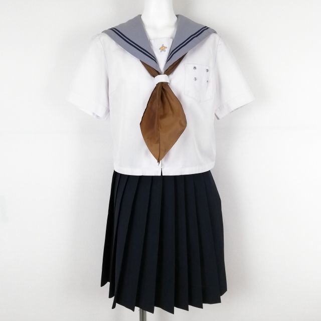 1円 セーラー服 スカート スカーフ 上下3点セット 大きいサイズ 夏物 青2本線 女子 学生服 長崎桜が原中学 白 制服 中古 ランクC EY5617_画像1