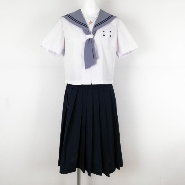 1円 セーラー服 スカート ネクタイ 上下3点セット 160A 夏物 青2本線 女子 学生服 長崎桜が原中学 白 制服 中古 ランクC EY5585_画像1