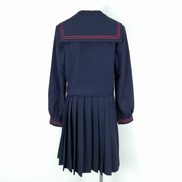 1円 セーラー服 スカート スカーフ 上下3点セット 大きいサイズ 冬物 赤2本線 女子 学生服 熊本花陵中学 紺 制服 中古 ランクC EY5884の画像2