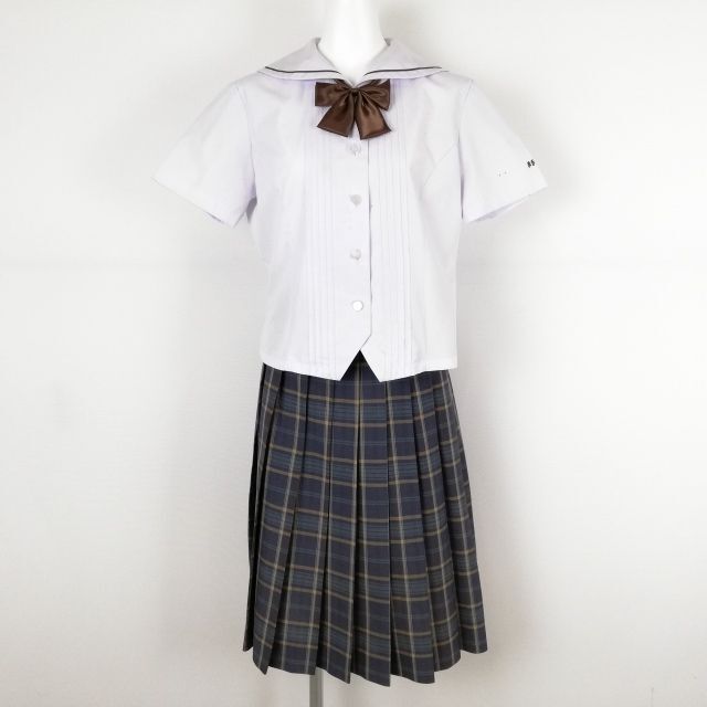 1円 セーラー服 チェックスカート リボン 上下3点セット M 夏物 茶1本線 女子 学生服 鹿児島修学館中学高校 白 制服 中古 ランクC EY6314_画像1