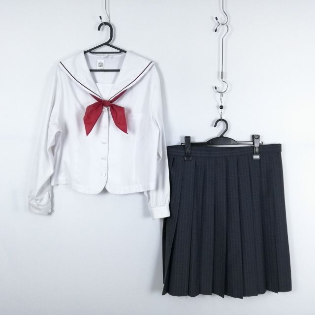 1円 セーラー服 チェックスカート 上下3点セット 大きいサイズ 特大 トンボ 中間服 赤1本線 早稲田摂陵中学高校 白 中古 ランクC EY6458_画像1