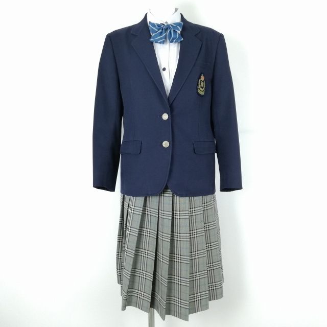 1円 ブレザー チェックスカート リボン 上下4点セット カンコー 160A 冬物 女子 学生服 大阪峰塚中学 紺 制服 中古 ランクC EY6634_画像1