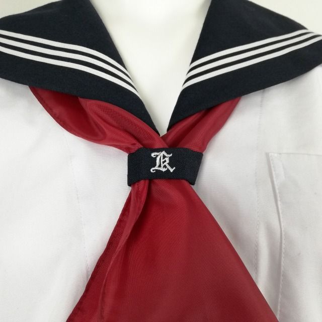 1円 セーラー服 スカート スカーフ 上下3点セット 大きいサイズ 夏物 白3本線 女子 学生服 高知商業高校 白 制服 中古 ランクC EY7061_画像4