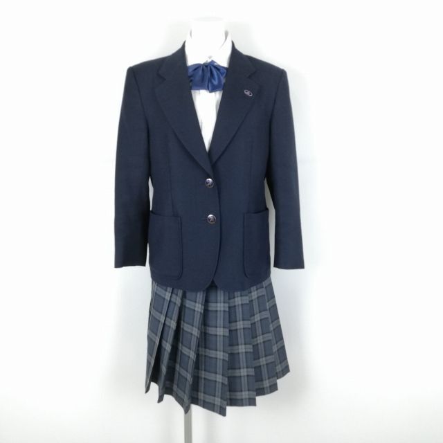 1円 ブレザー チェックスカート リボン 上下4点セット 冬物 女子 学生服 中学 高校 紺 制服 中古 ランクB EY7390_画像1