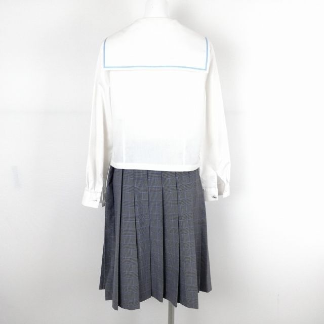 1円 セーラー服 チェックスカート 上下2点セット カンコー 中間服 水色1本線 女子 学生服 中学 高校 白 制服 中古 ランクC EY7229_画像2