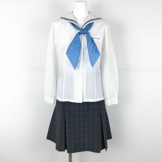 1円 セーラー服 チェックスカート スカーフ 上下3点セット カンコー 中間服 青2本線 女子 学生服 中学 高校 白 制服 中古 ランクC EY7264_画像1