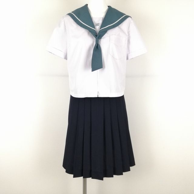 1円 セーラー服 スカート ネクタイ 上下3点セット 165A トンボ 夏物 白1本線 女子 学生服 鹿児島和田中学 白 制服 中古 ランクC EY7803_画像1