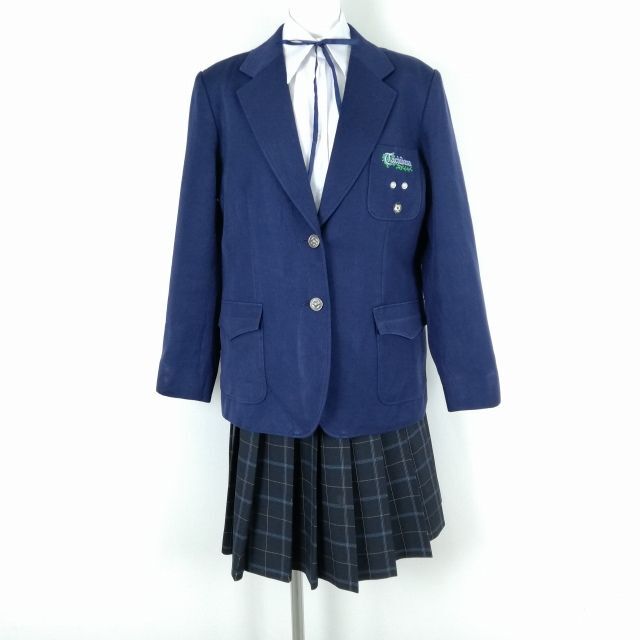 1円 ブレザー チェックスカート 紐タイ 上下4点セット 170A 大きいサイズ 冬物 女子 学生服 兵庫立花中学 花紺 制服 中古 ランクC EY7487_画像1