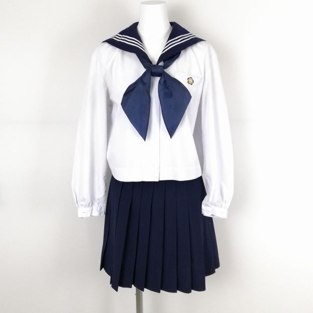 1円 セーラー服 マイクロミニスカート スカーフ 上下3点セット 165A 大きいサイズ 中間服 白3本線 女子 中学 高校 白 中古 ランクC EY7205_画像1