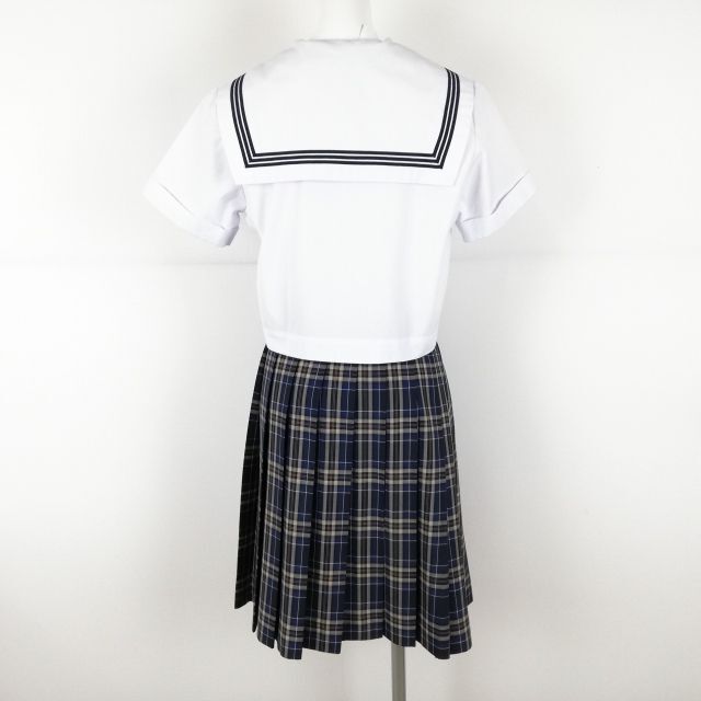 1円 セーラー服 スカート スカーフ 上下3点セット 夏物 青3本線 女子 学生服 兵庫増位中学 白 制服 中古 ランクC EY7514_画像2