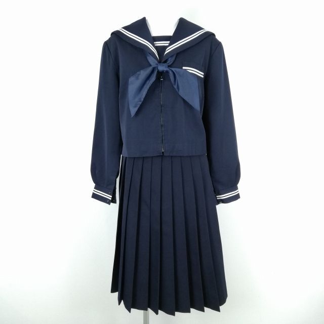 1円 セーラー服 スカート スカーフ 上下3点セット 165A 大きいサイズ 冬物 白2本線 女子 学生服 中学 高校 紺 制服 中古 ランクC EY7914_画像1