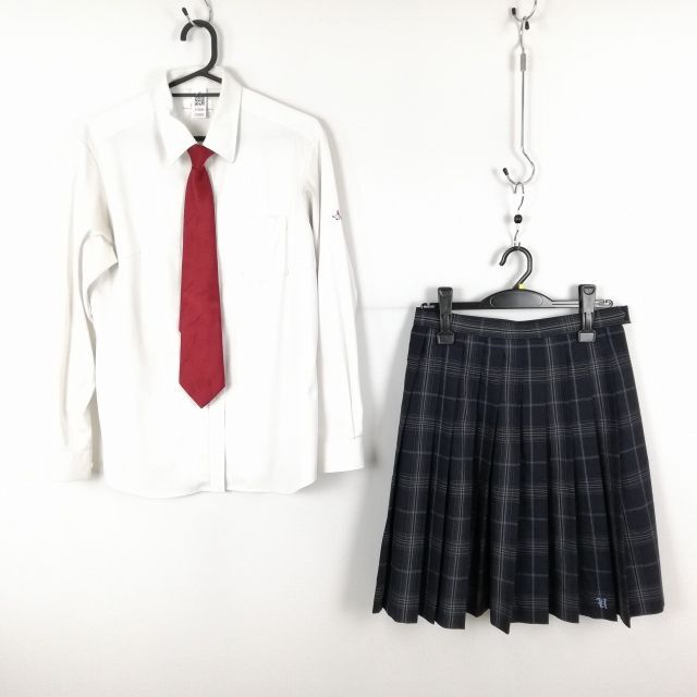 1円 ブラウス チェックスカート リボン 上下3点セット 大きいサイズ カンコー 中間服 女子 学生服 中学 高校 白 中古 ランクC EY0886_画像1