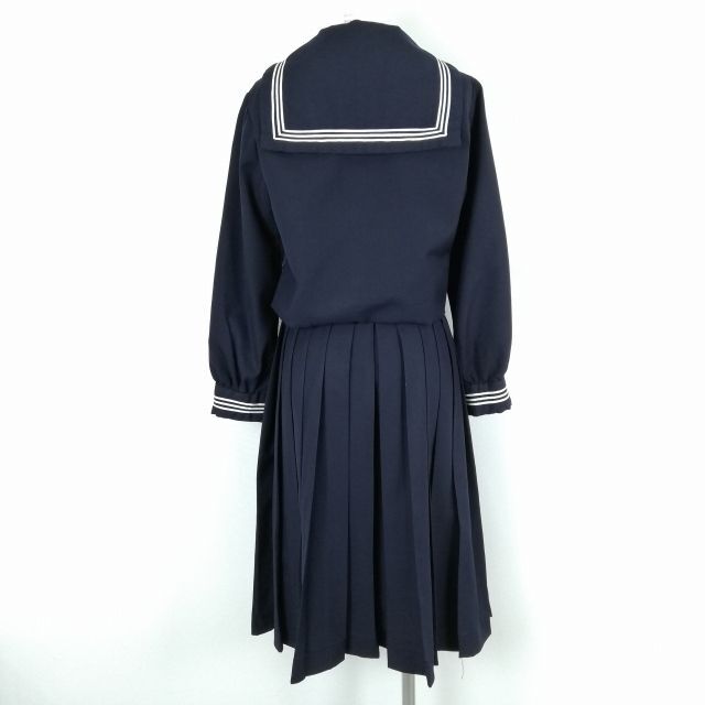 1円 セーラー服 スカート スカーフ 上下3点セット 冬物 白3本線 女子 学生服 中学 高校 紺 制服 中古 ランクC EY8188_画像2