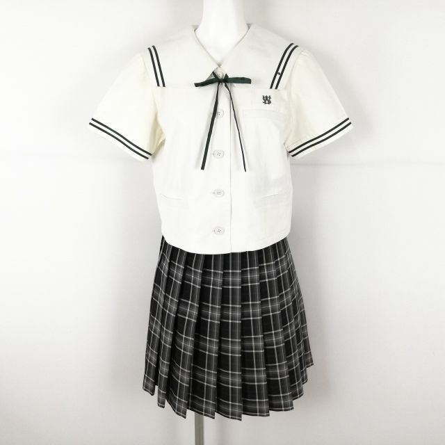 1円 セーラー服 チェックスカート 上下3点セット 160A 夏物 緑2本線 女子 学生服 福岡西南学院中学 オフ白 制服 中古 ランクC EY8245の画像1