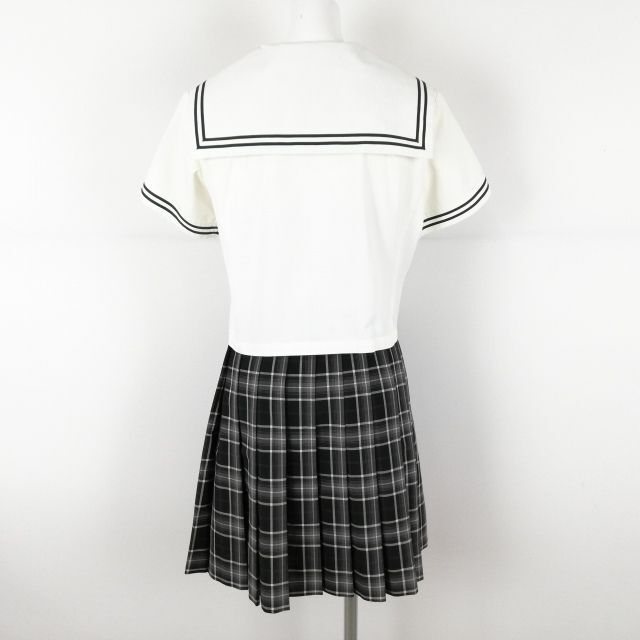 1円 セーラー服 チェックスカート 上下3点セット 160A 夏物 緑2本線 女子 学生服 福岡西南学院中学 オフ白 制服 中古 ランクC EY8245の画像2