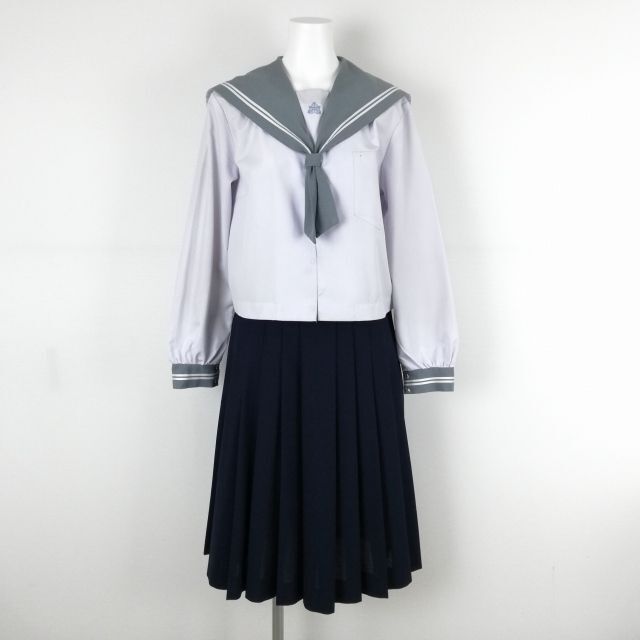 1円 セーラー服 スカート 上下2点セット L 大きいサイズ 中間服 白2本線 女子 学生服 鹿児島城西中学 白 制服 中古 ランクC EY8515_画像1