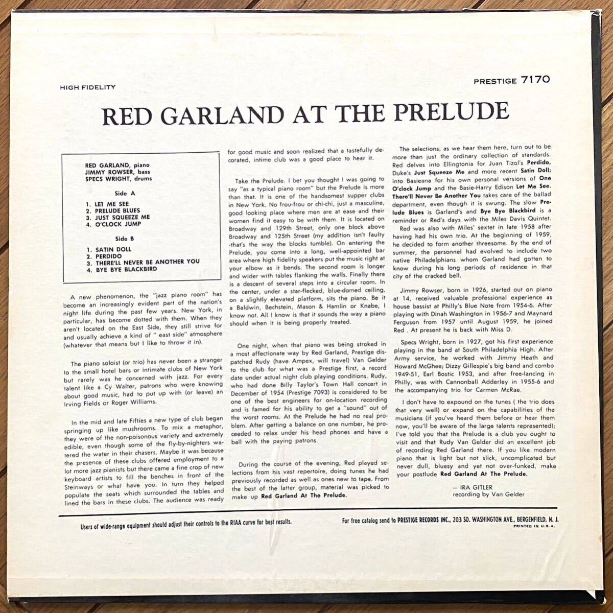 【オリジナル】極美品 MONO DG太溝 RVG刻印　Red Garland - Red Garland At The Prelude　PRESTIGE PRLP 7170_画像2