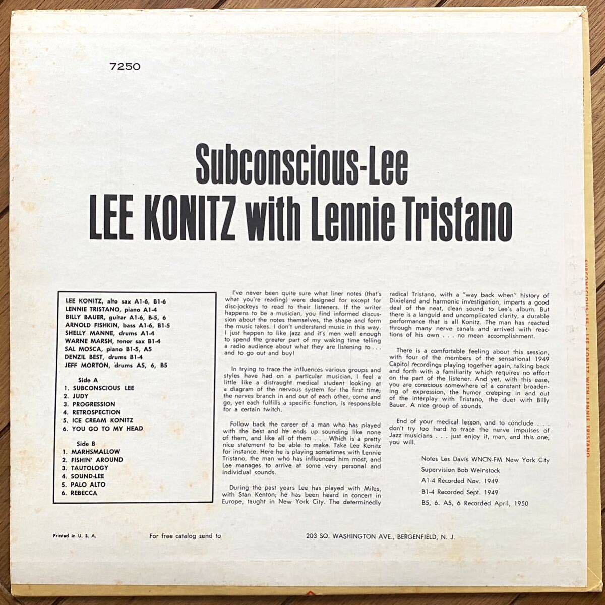 【US盤】極美品　Lee Konitz With Tristano - Subconscious-Lee PTESTIGE PRST7250_画像2