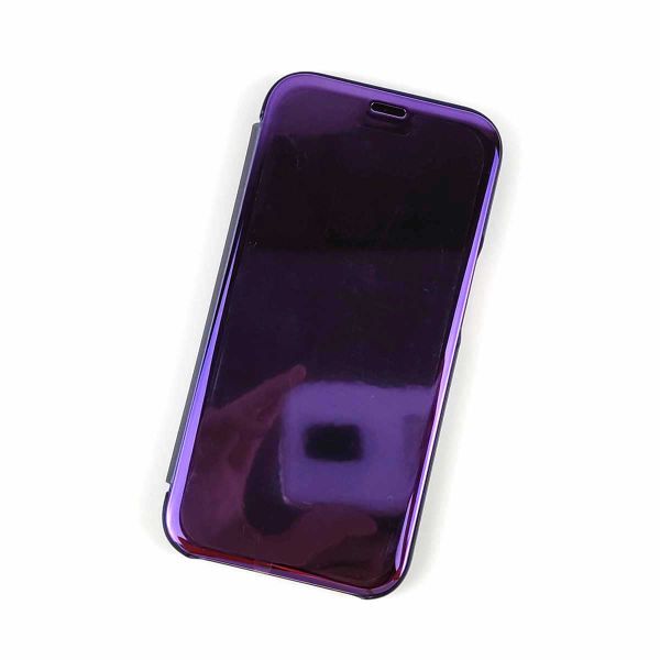 iPhone 15用 鏡面 手帳型ミラーフリップケース カバー 半透明 パープル_画像1