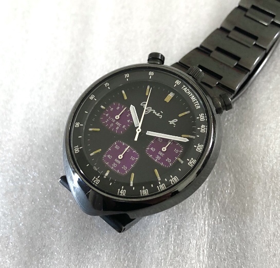 アニエス b ツノ クロノ 時計 セイコー 日本製 ブレスレット CHRONOGRAPH ウォッチ 稼動 90s 好きに も 黒 パープル agnes b アニエスベーの画像2