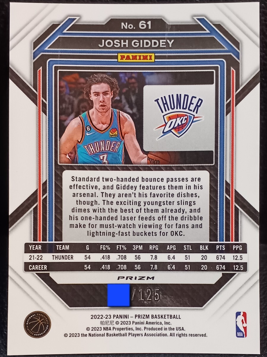 【125枚限定】2022-23 Panini Prizm Basketball Josh Giddey NBA Blue Cracked Ice Thunder_画像2