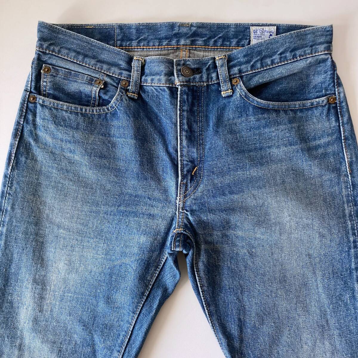 オアスロウ orslow 107 アイビーフィット 2YEAR WASH DENIM インディゴセルビッチデニム ウィメンズM ジッパーフライ 赤耳 定番 ジーパン_画像6